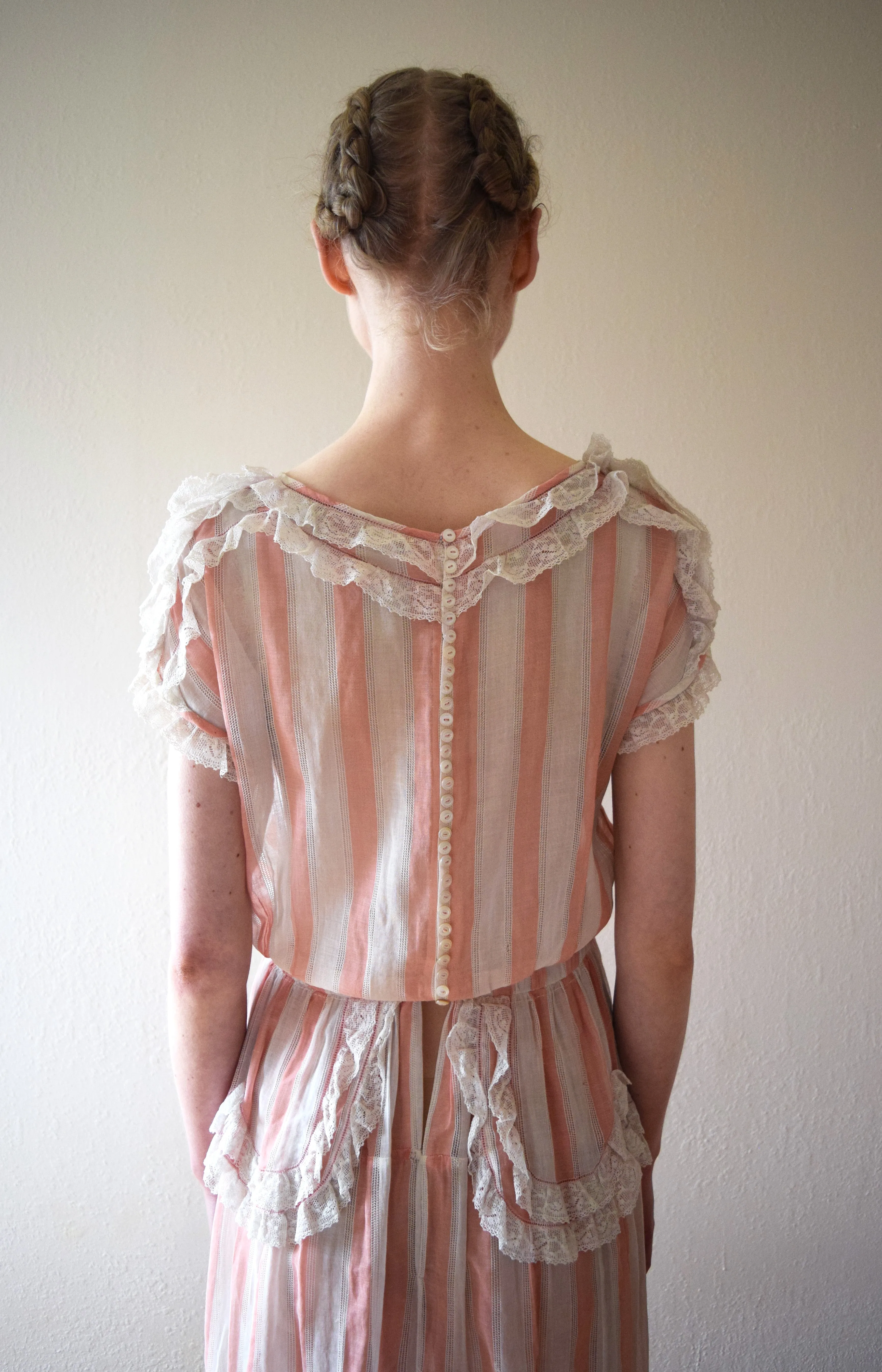 1910s 1920s antique pink striped dress . vintage lace dress . size xxs to small