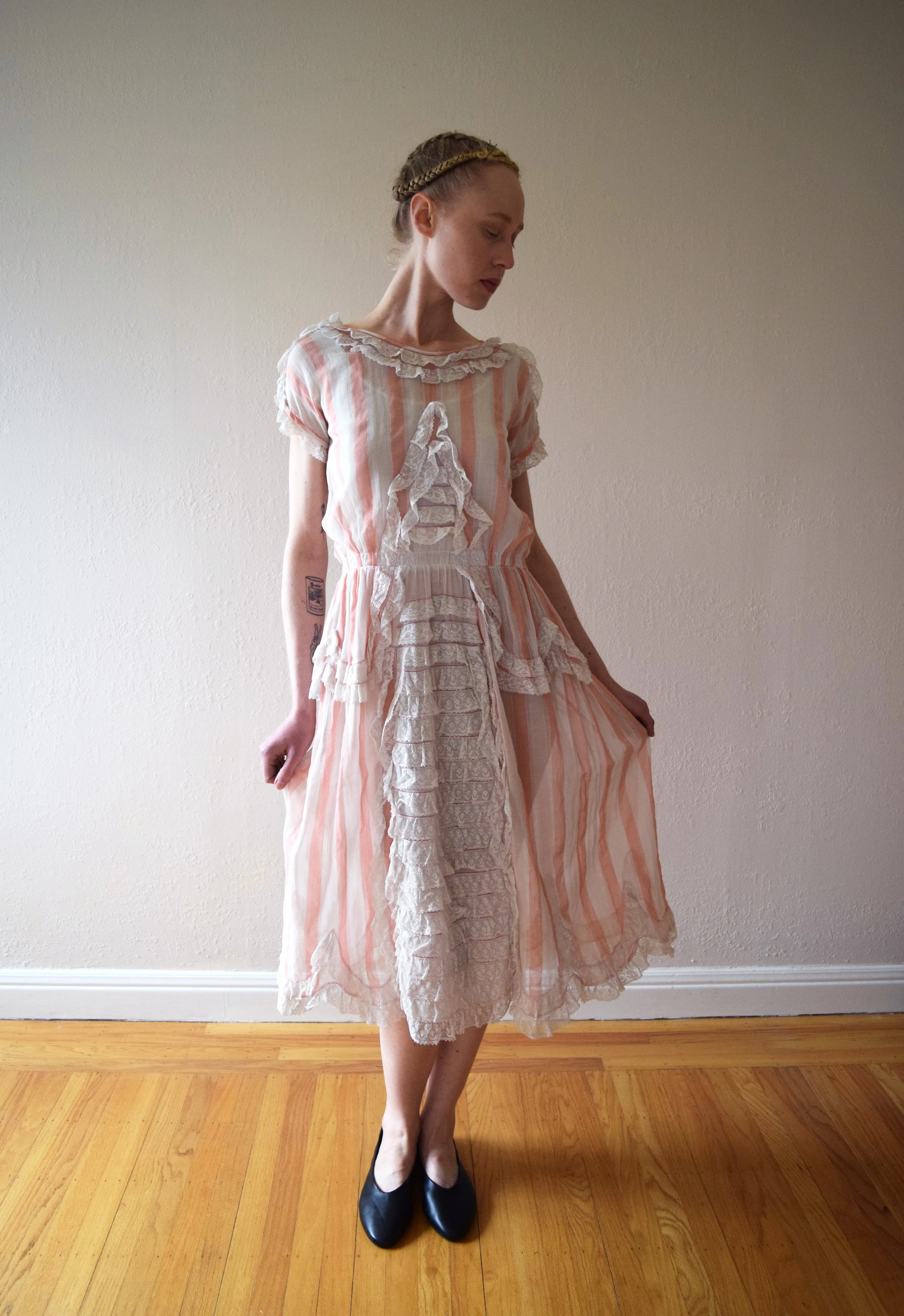 1910s 1920s antique pink striped dress . vintage lace dress . size xxs to small