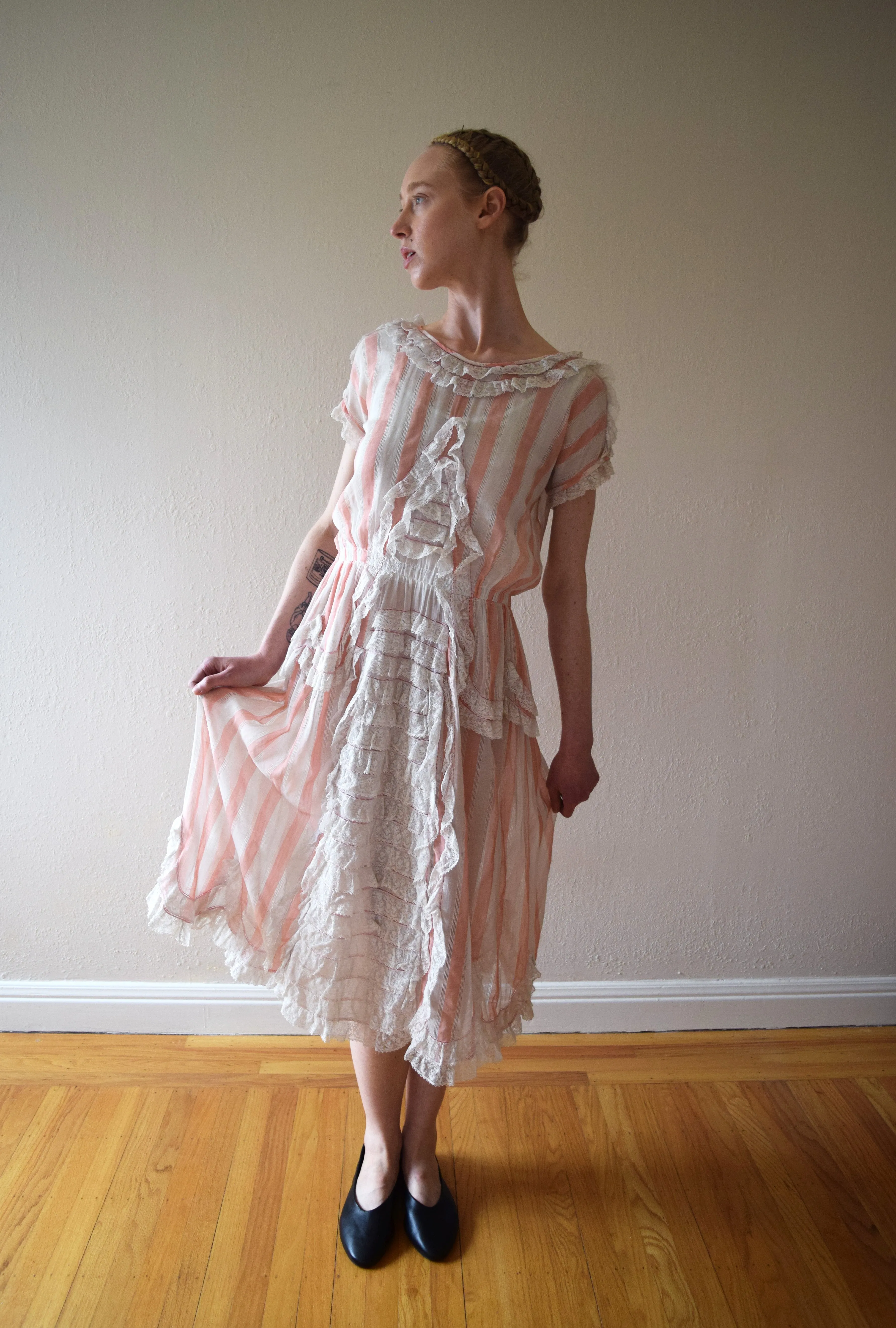 1910s 1920s antique pink striped dress . vintage lace dress . size xxs to small