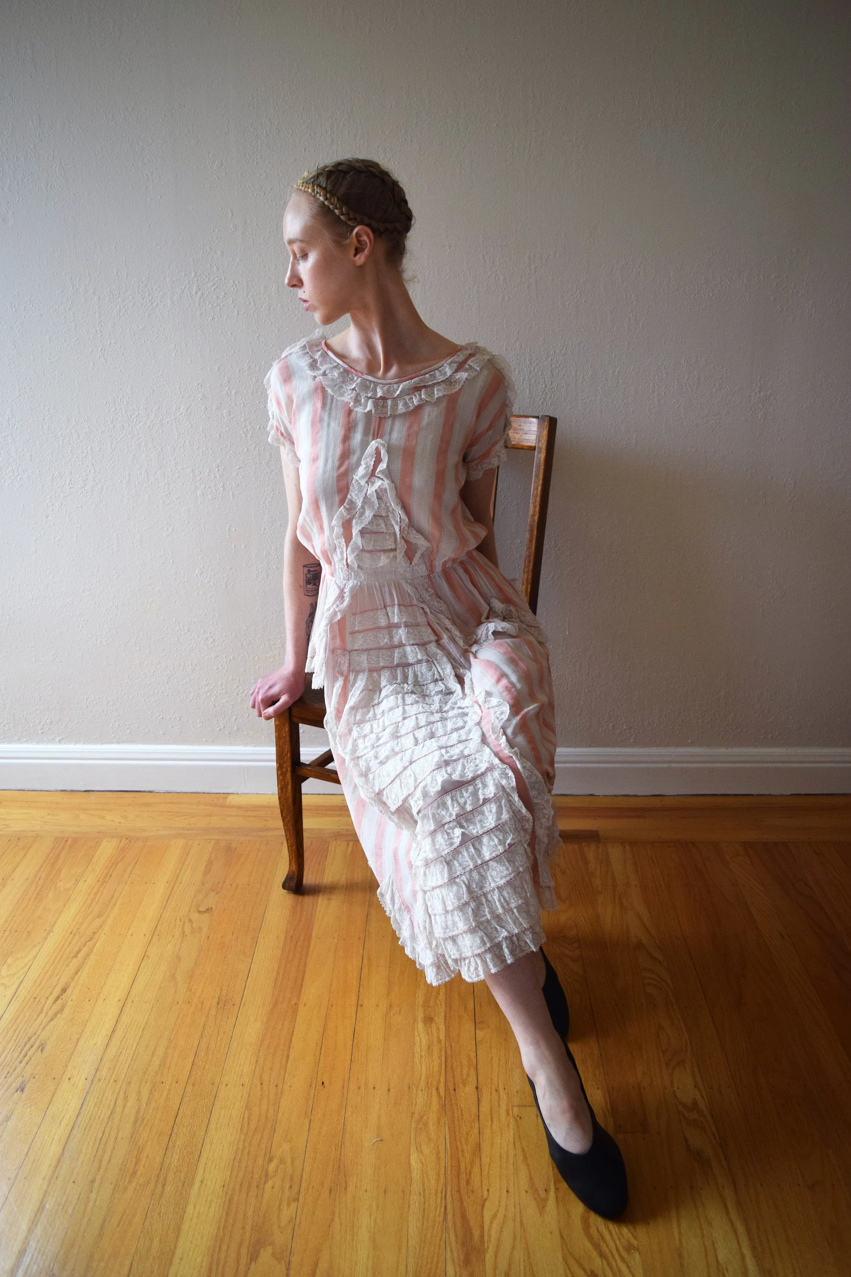 1910s 1920s antique pink striped dress . vintage lace dress . size xxs to small