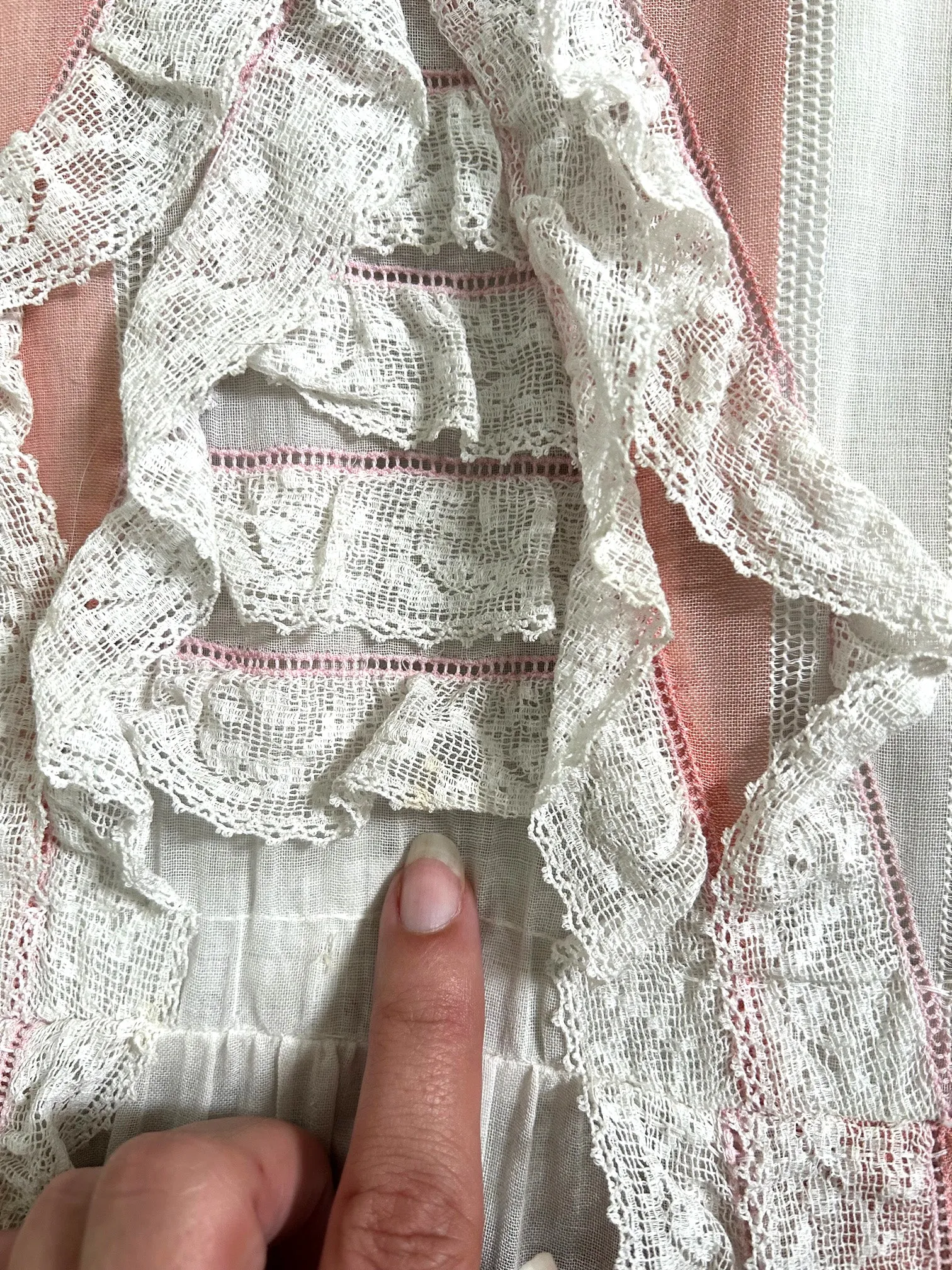 1910s 1920s antique pink striped dress . vintage lace dress . size xxs to small
