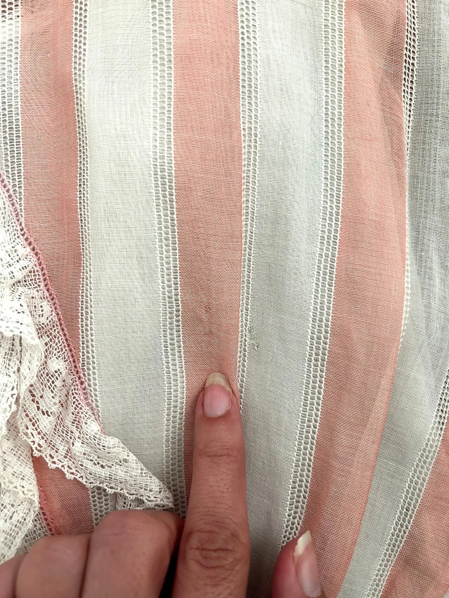 1910s 1920s antique pink striped dress . vintage lace dress . size xxs to small