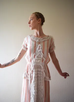 1910s 1920s antique pink striped dress . vintage lace dress . size xxs to small