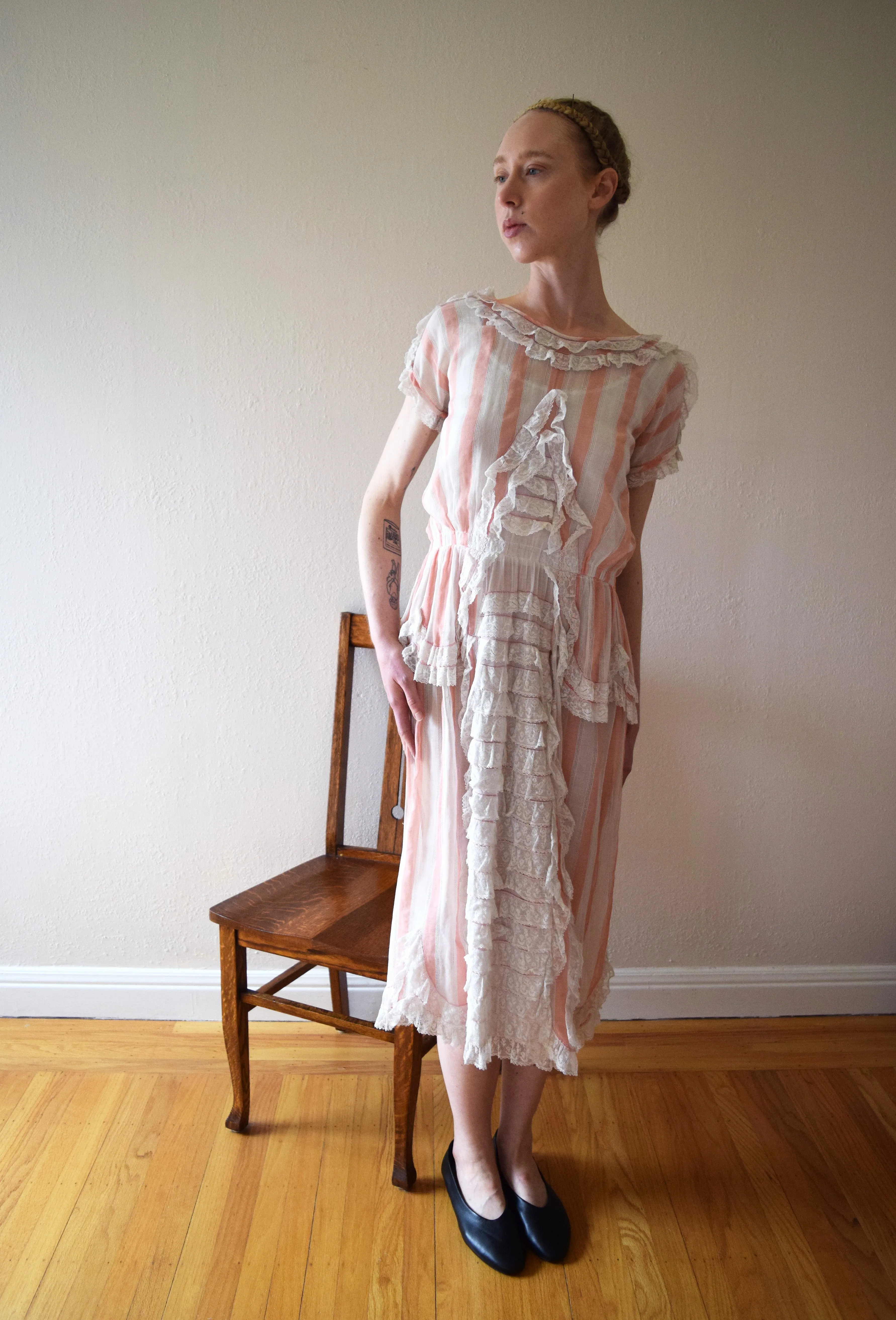 1910s 1920s antique pink striped dress . vintage lace dress . size xxs to small