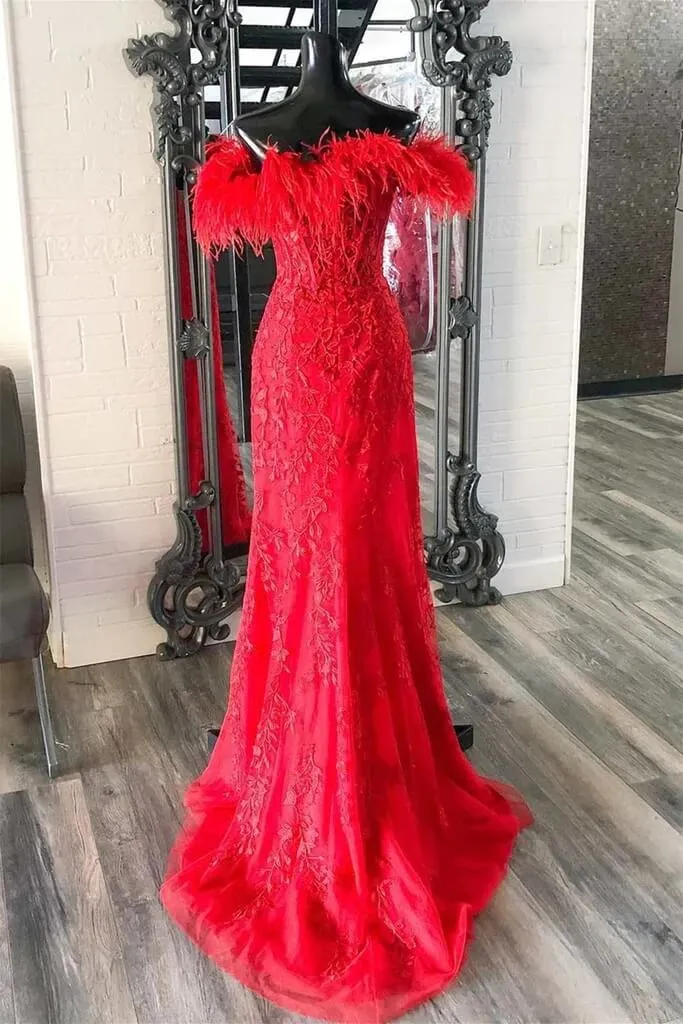 2025 Long Off Shoulder Red Lace Prom Dresses Feathers V Neck Mermaid Evening Dress