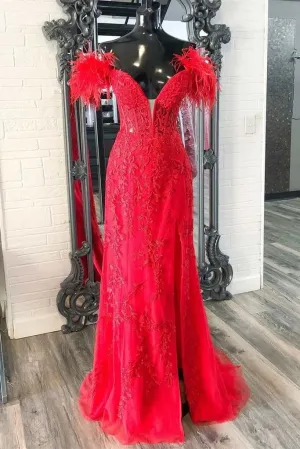 2025 Long Off Shoulder Red Lace Prom Dresses Feathers V Neck Mermaid Evening Dress