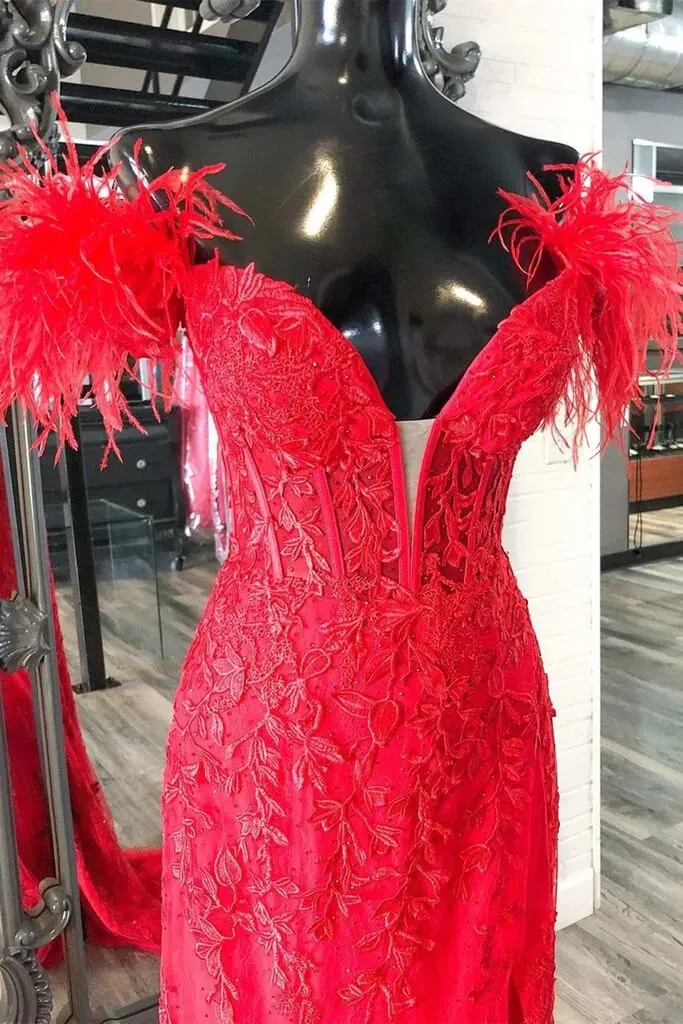 2025 Long Off Shoulder Red Lace Prom Dresses Feathers V Neck Mermaid Evening Dress