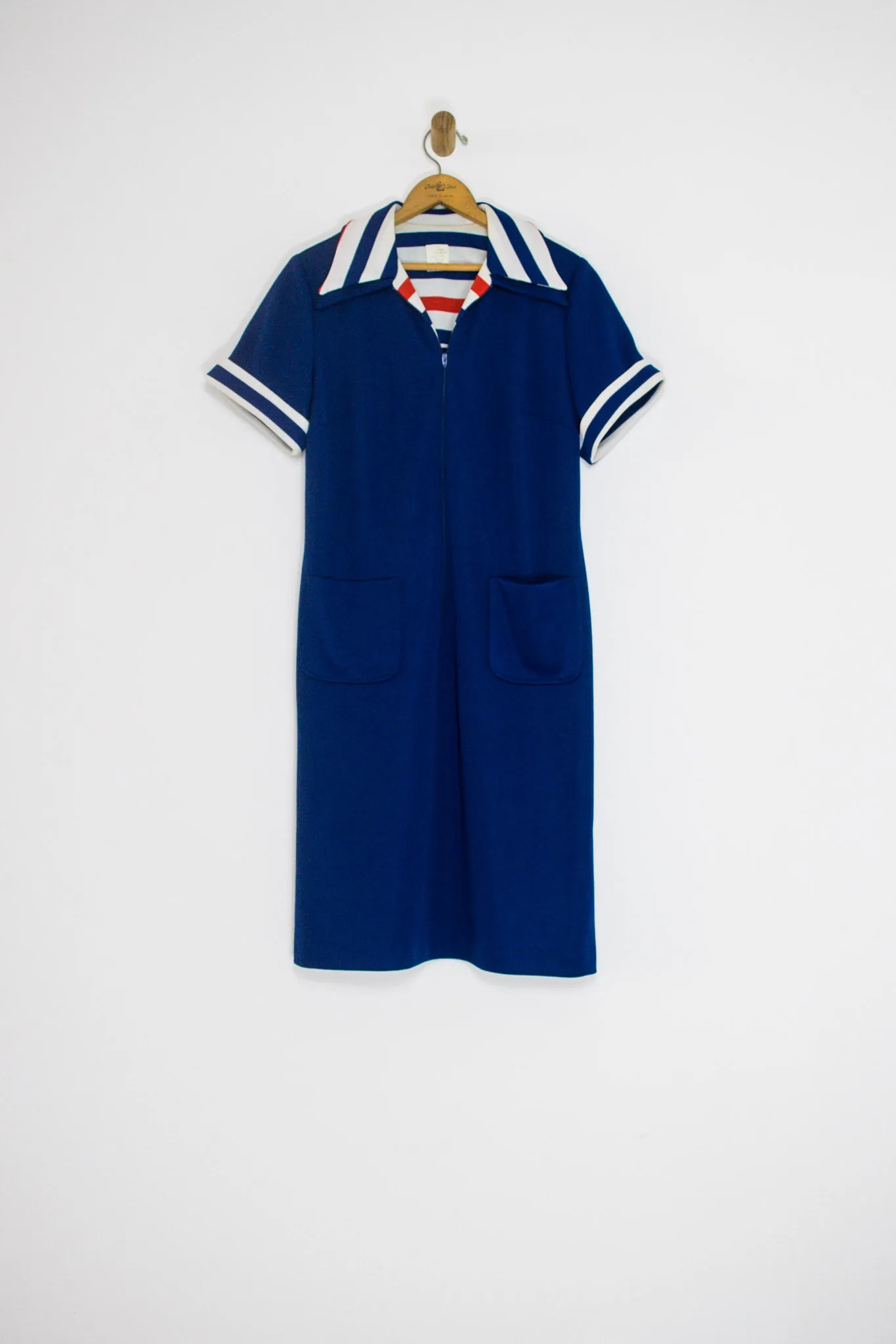 60's RED WHITE AND BLUE ZIP FRONT DRESS / LARGE