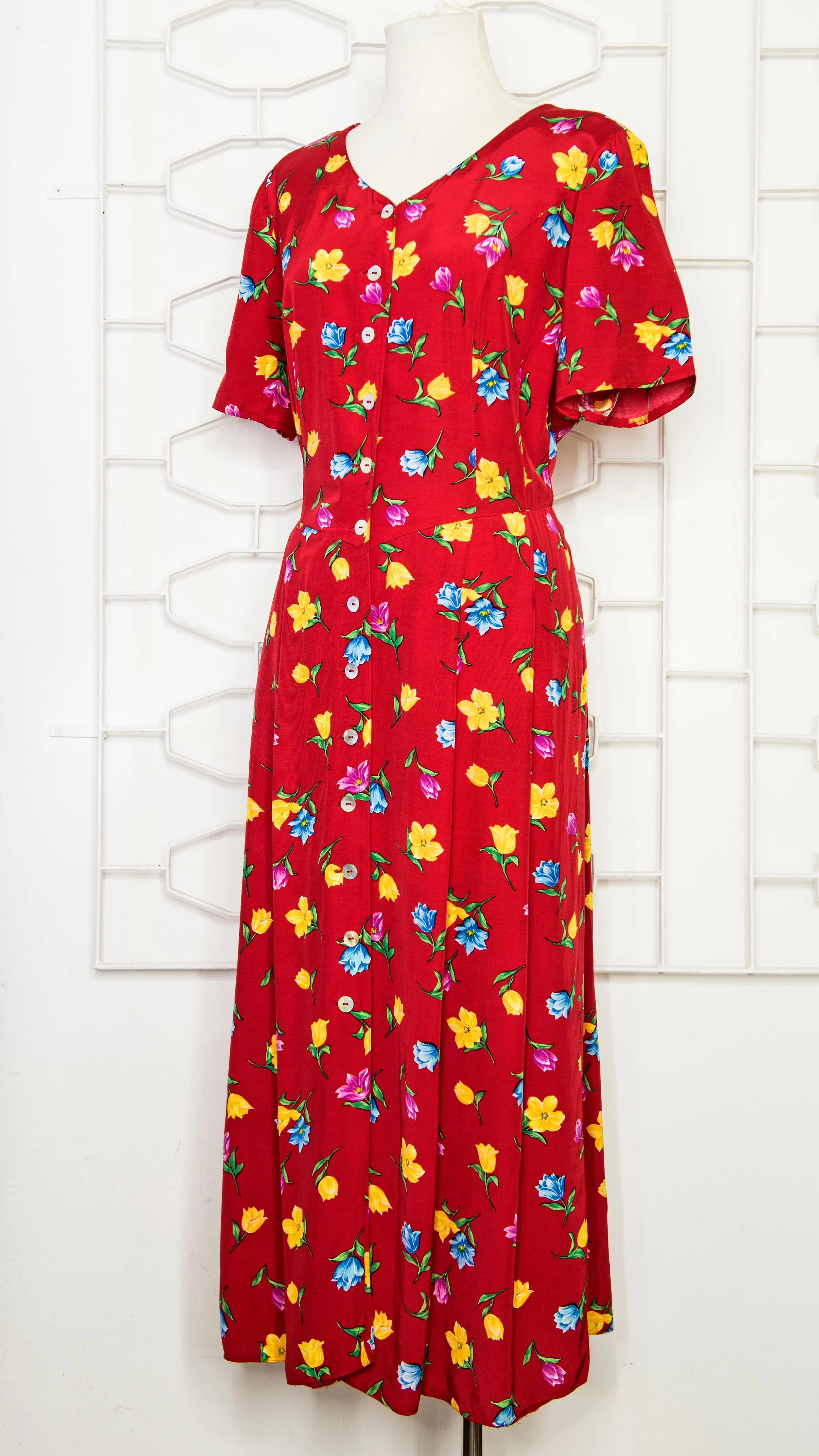 80s Red Floral Tea Dress