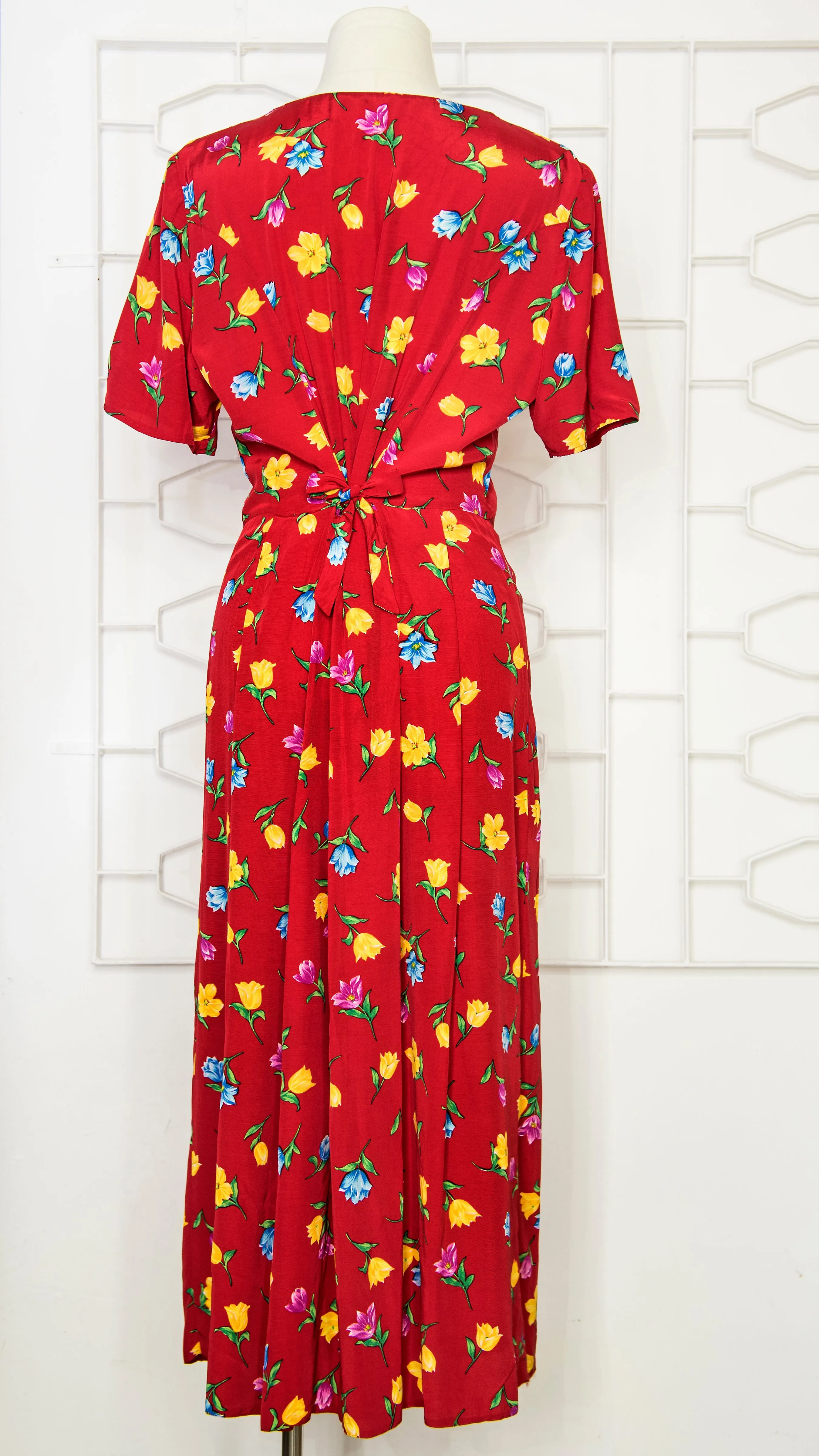 80s Red Floral Tea Dress