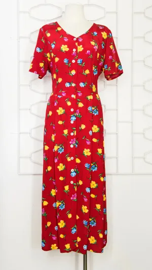 80s Red Floral Tea Dress