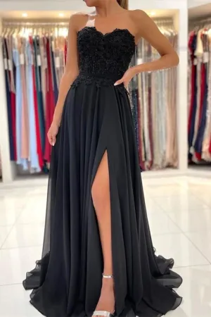 A-line Lace Front-Split Black Prom Dress Off-the-shoulder Evening Dress