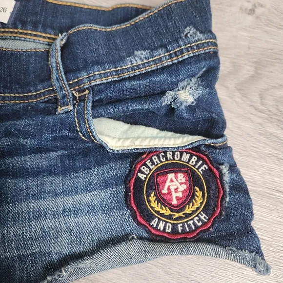 Abercrombie and Fitch Dark Blue Shorts Size 26 Y2K Distressed Frayed Patch Logo