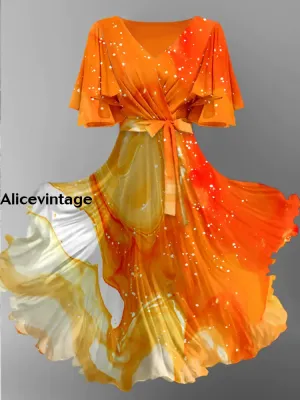 Abstract Color Print V-Neck Vintage Chic Short Sleeve Midi Dress