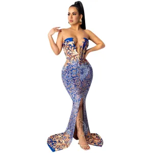 ANJAMANOR Tube Top Chain Split Long Dress
