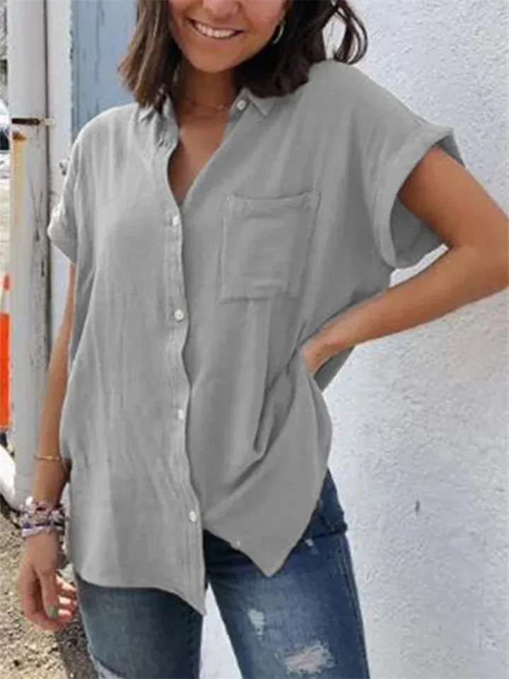Anna - Chemise décontractée en lin et coton Hauts à manches courtes vintage