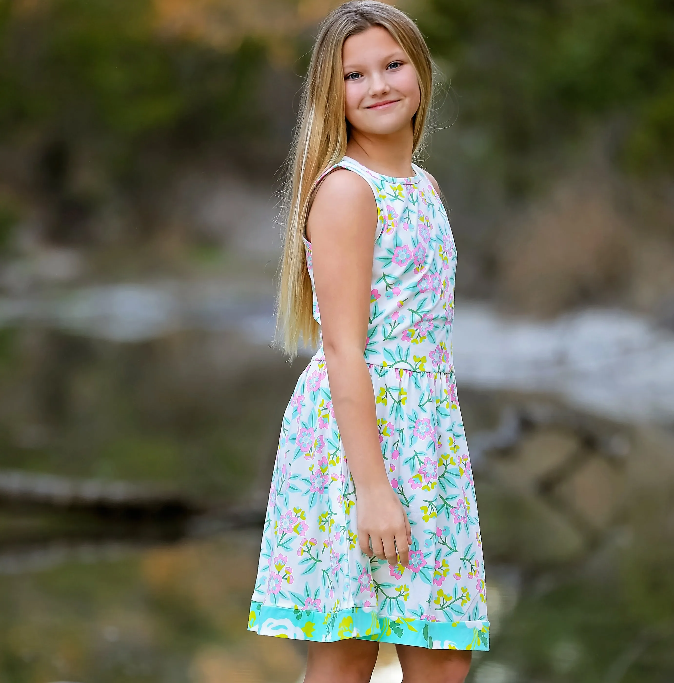 AnnLoren Little Big Girls Dress Pastel Floral Cotton Knit Sleeveless Holiday Spring Summer Clothes