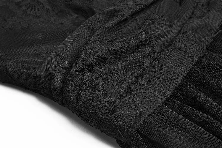 Atena Black Mesh V-Neck Lantern Sleeve Elegant Cascading Ruffle Dress