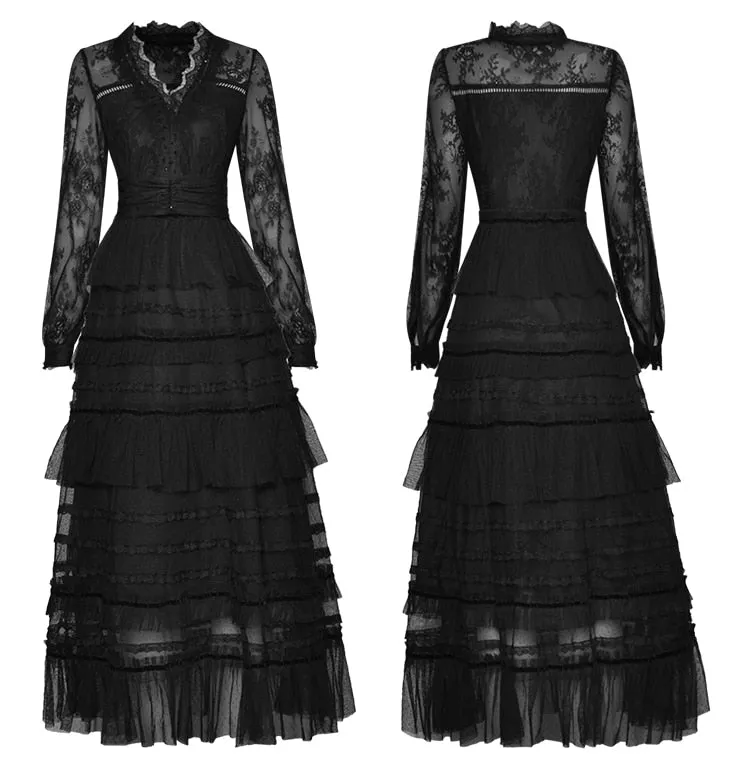 Atena Black Mesh V-Neck Lantern Sleeve Elegant Cascading Ruffle Dress