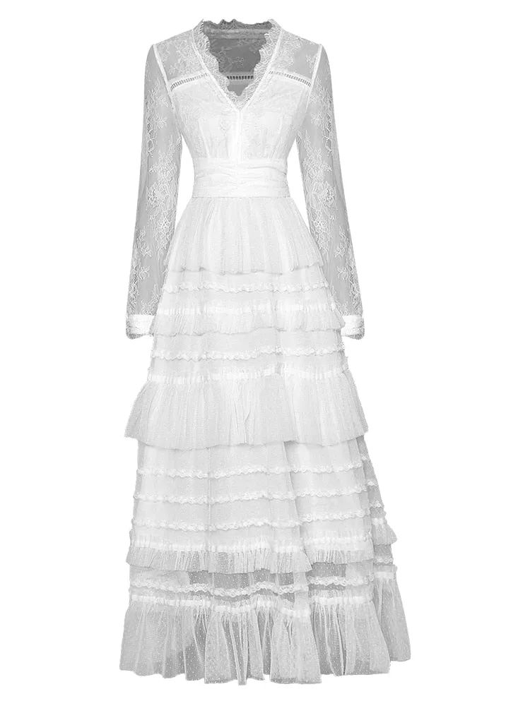 Atena Black Mesh V-Neck Lantern Sleeve Elegant Cascading Ruffle Dress