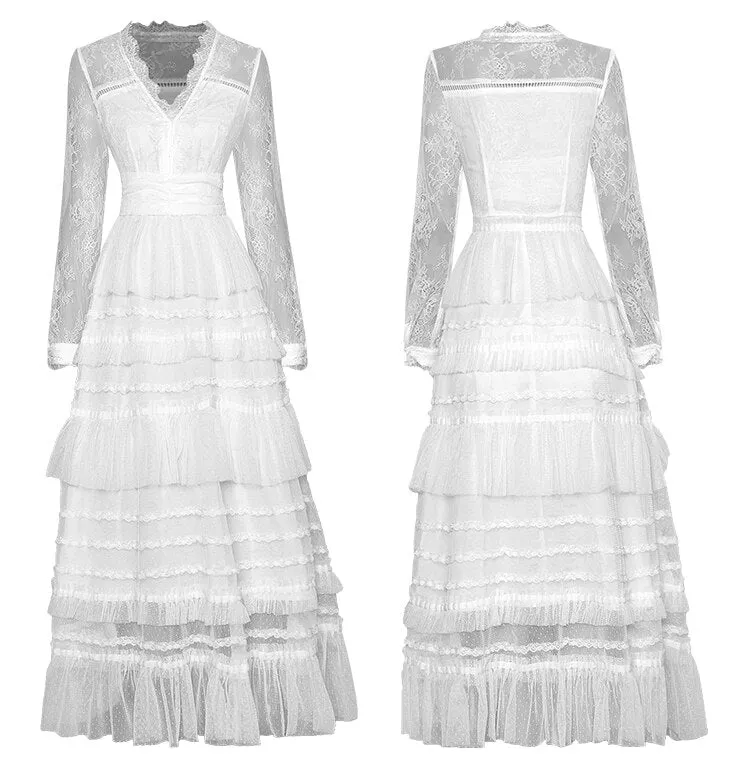 Atena Black Mesh V-Neck Lantern Sleeve Elegant Cascading Ruffle Dress