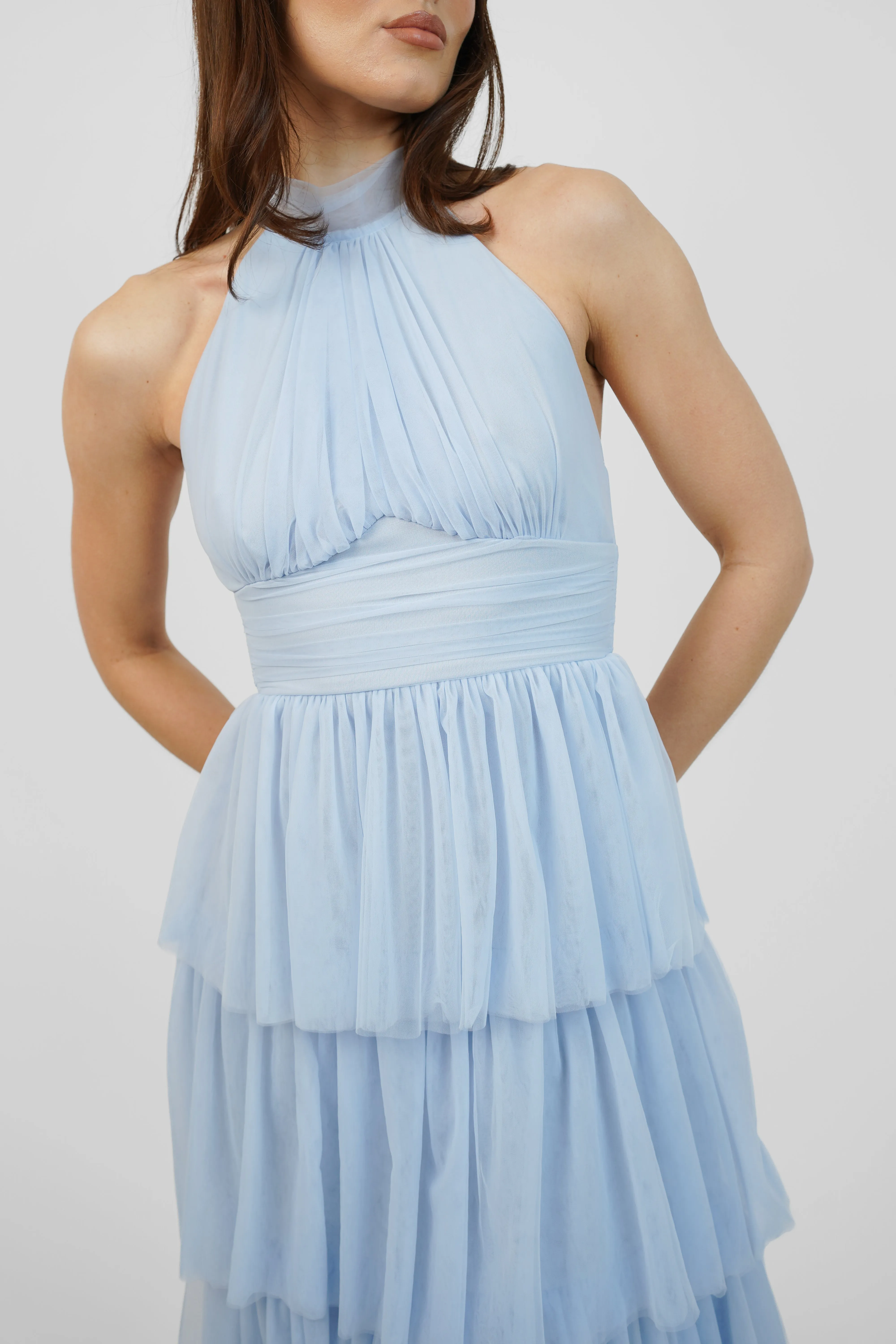 Baby Blue Tulle Tiered Maxi Dress