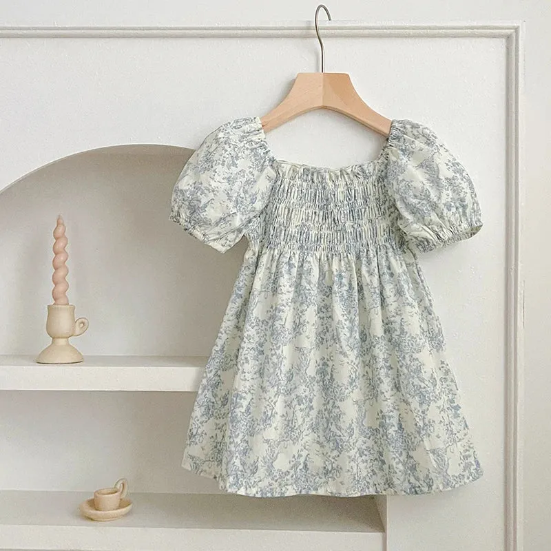 Baby Girls Puff Sleeve Blue Flower Dress