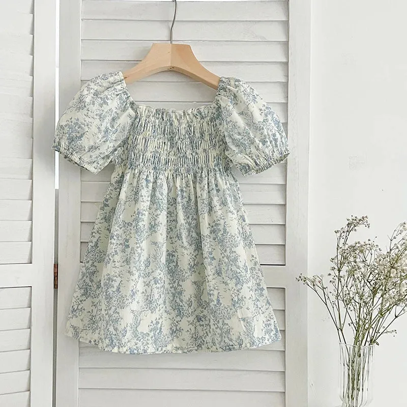 Baby Girls Puff Sleeve Blue Flower Dress