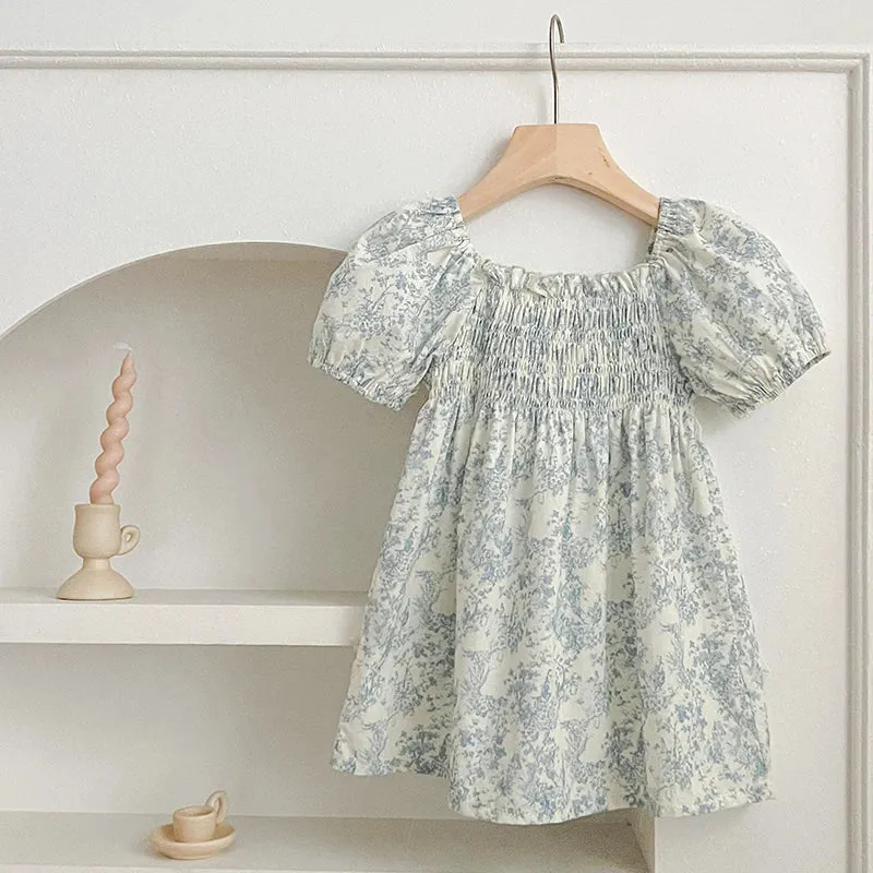 Baby Girls Puff Sleeve Blue Flower Dress