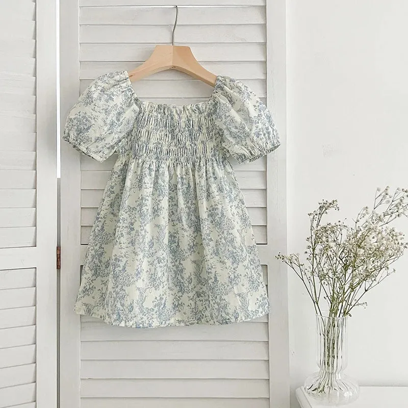 Baby Girls Puff Sleeve Blue Flower Dress