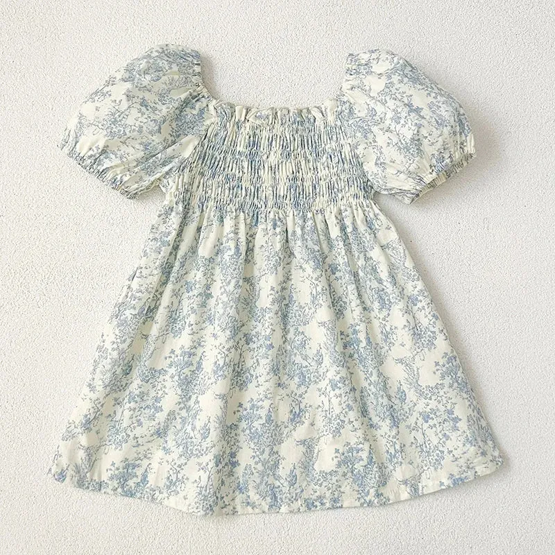 Baby Girls Puff Sleeve Blue Flower Dress