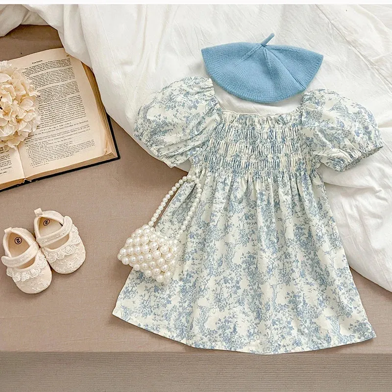 Baby Girls Puff Sleeve Blue Flower Dress