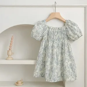 Baby Girls Puff Sleeve Blue Flower Dress