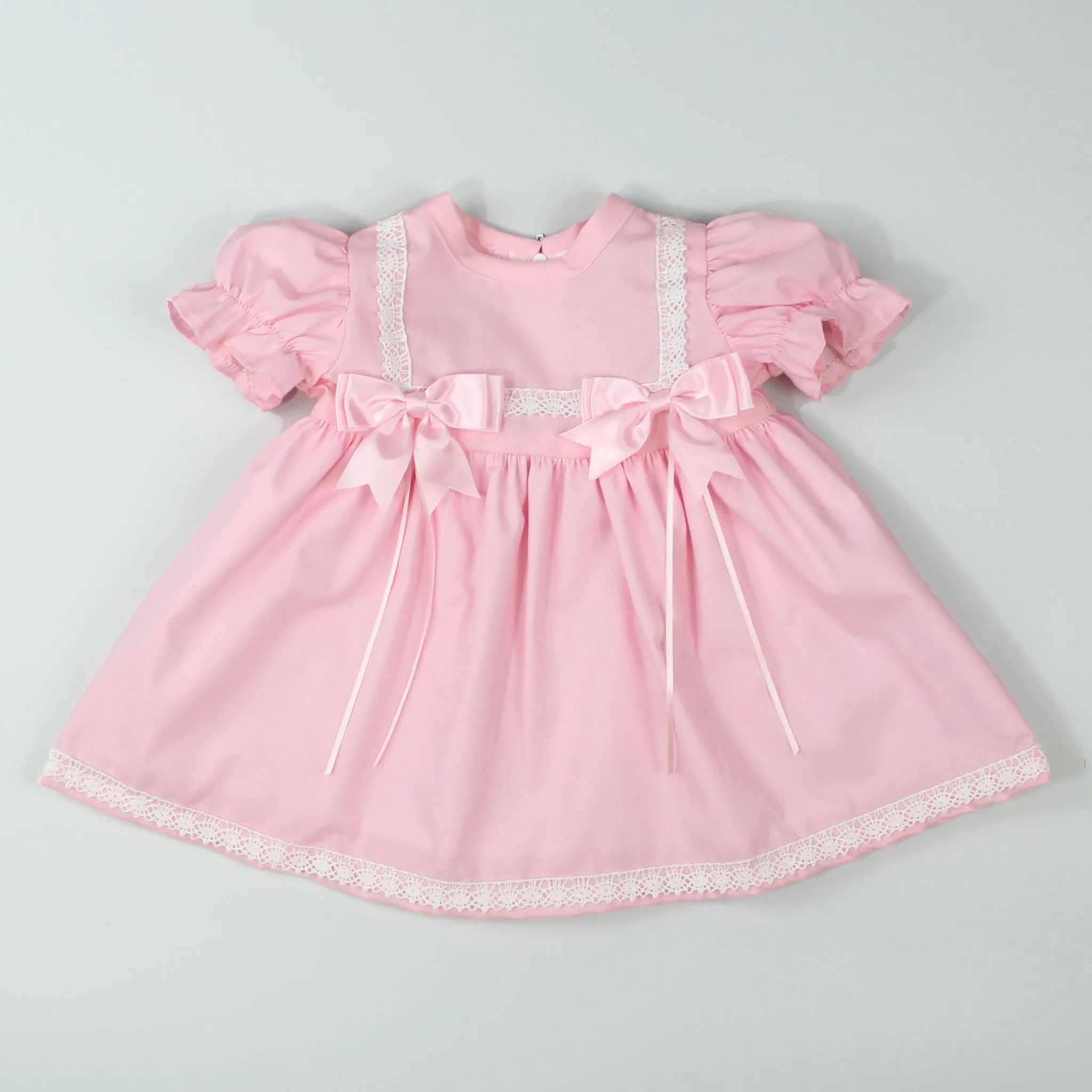 Baby Girls Summer Dress With Bows & Lace - Pink
