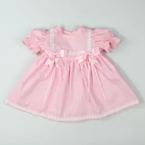 Baby Girls Summer Dress With Bows & Lace - Pink