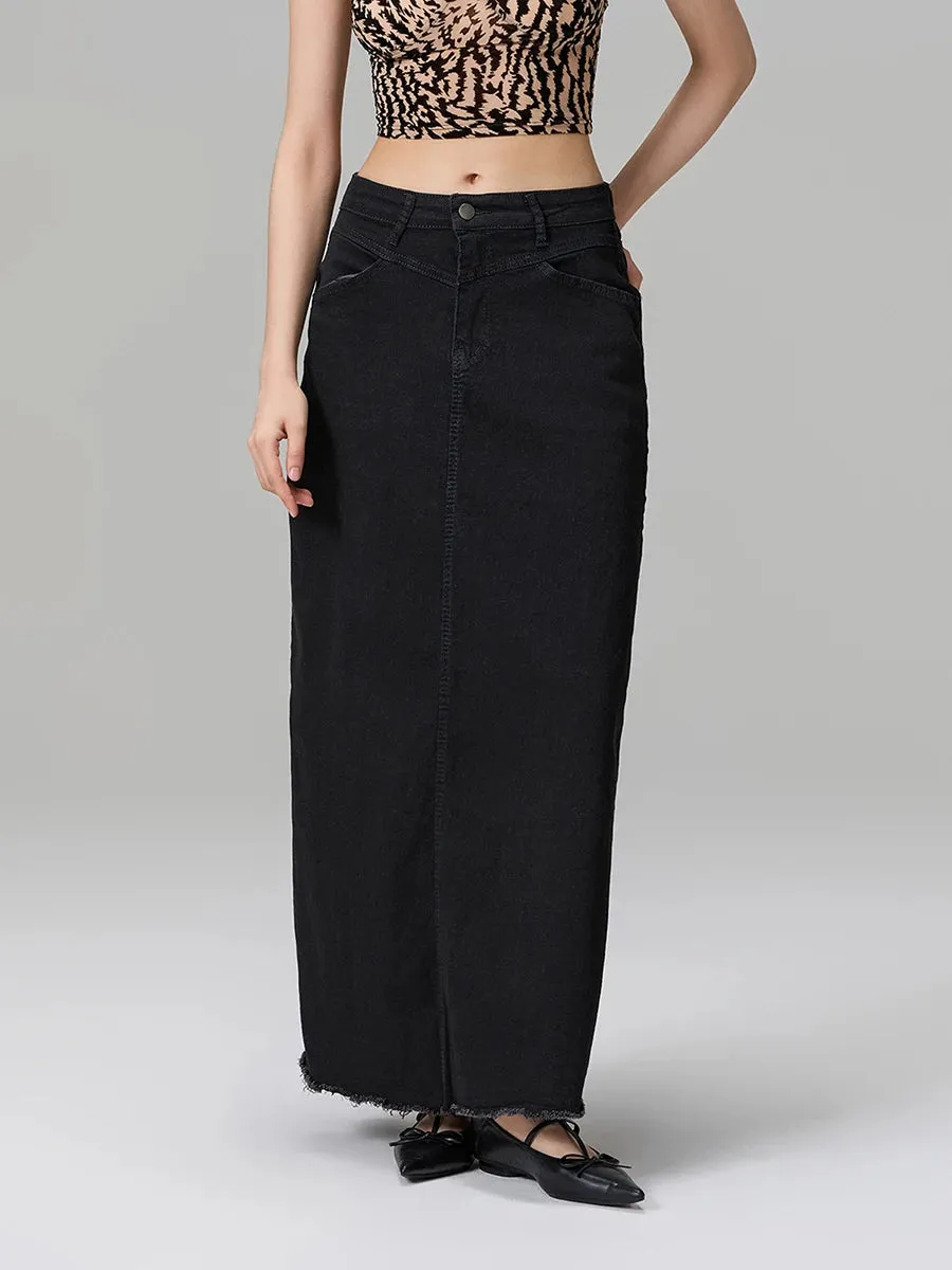 Back-Slit Maxi Jean Skirt