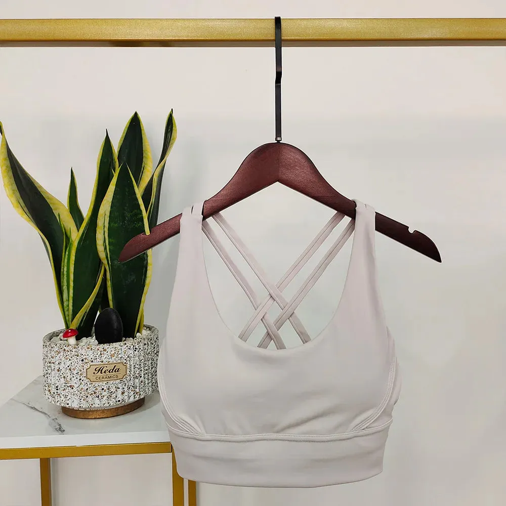 Backless Sports Bra White - Yoga Bra with Push-Up Open Back Straps, Gym Tank Tops with Moisture Wicking, Removable Pad Workout Tops for Women