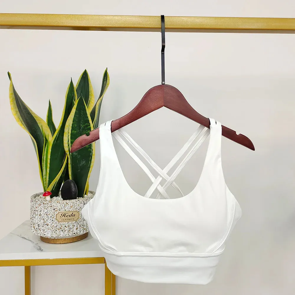 Backless Sports Bra White - Yoga Bra with Push-Up Open Back Straps, Gym Tank Tops with Moisture Wicking, Removable Pad Workout Tops for Women