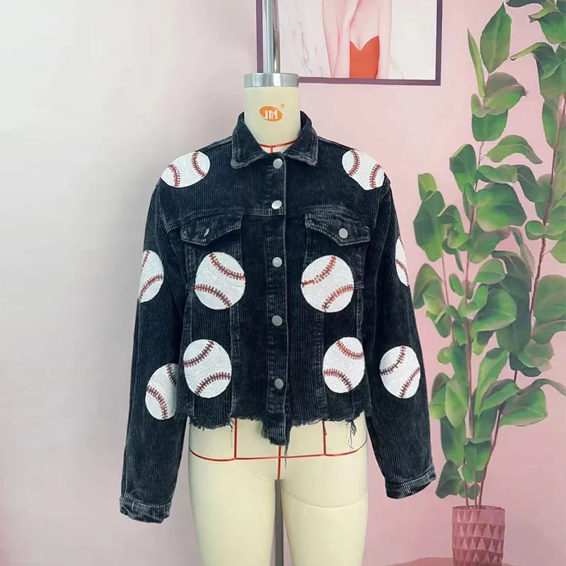 Baseball Corduroy Sequin Bomber Jacket