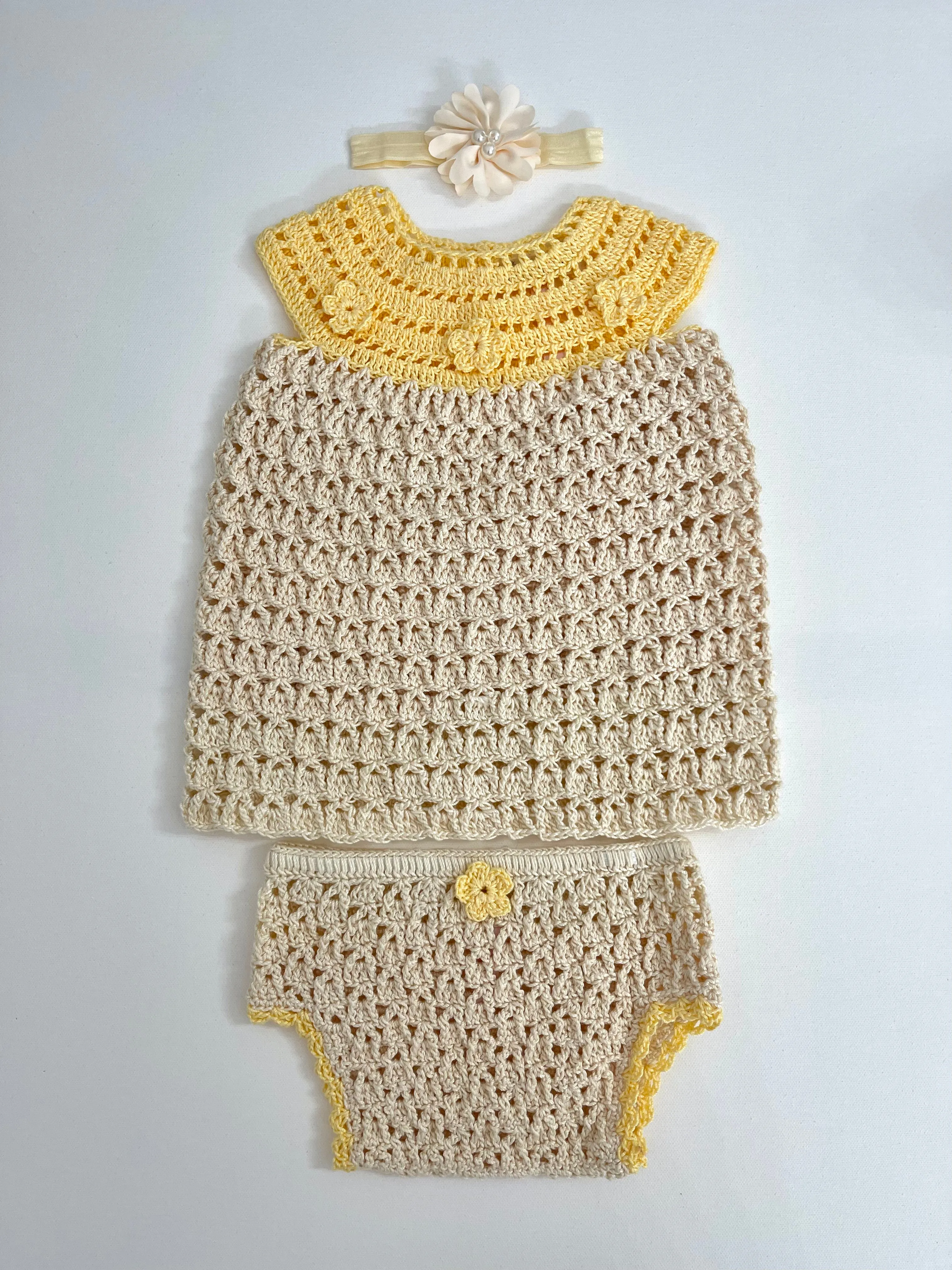 Beige & Yellow Crochet Girl Dress outfit Set