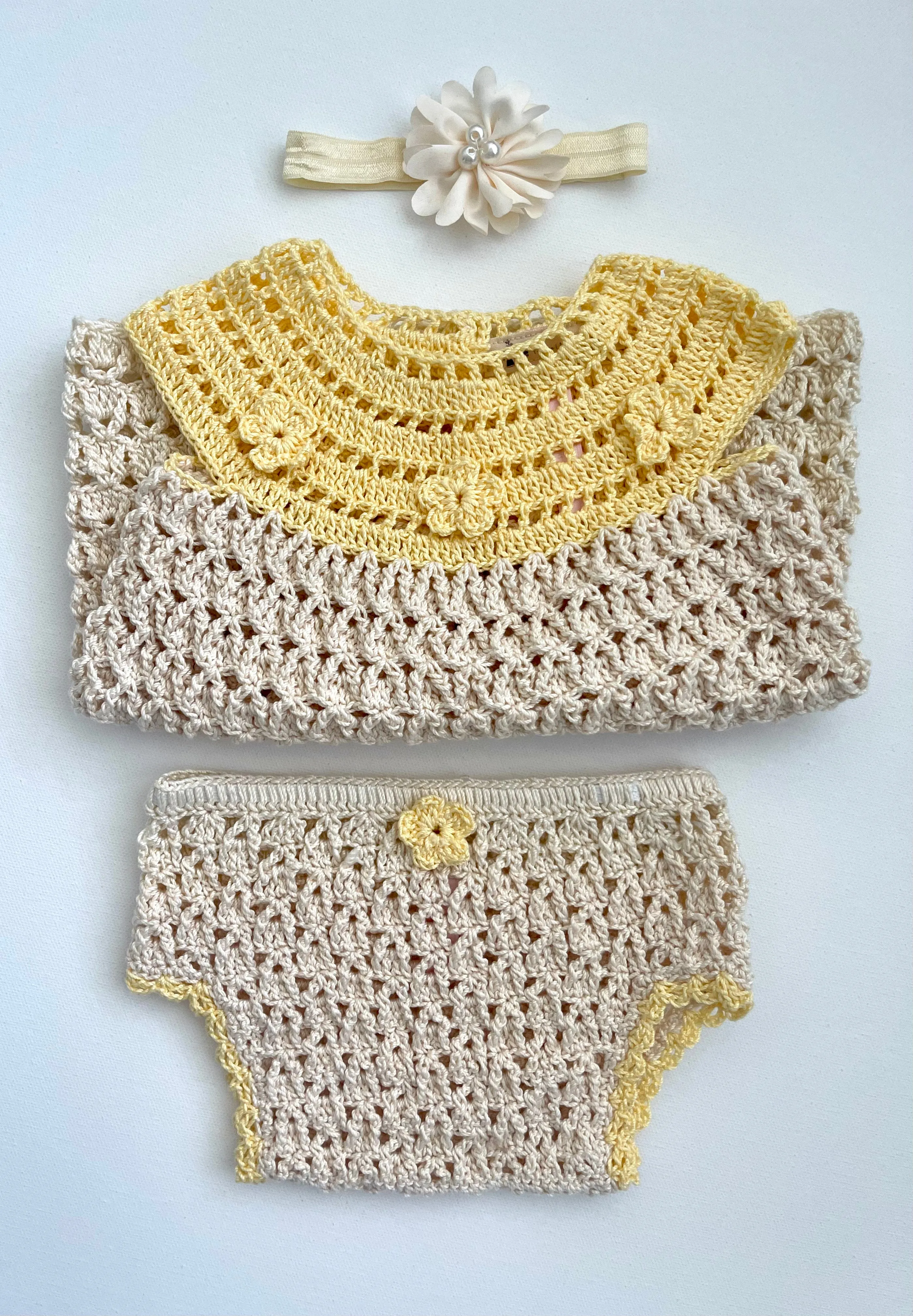 Beige & Yellow Crochet Girl Dress outfit Set
