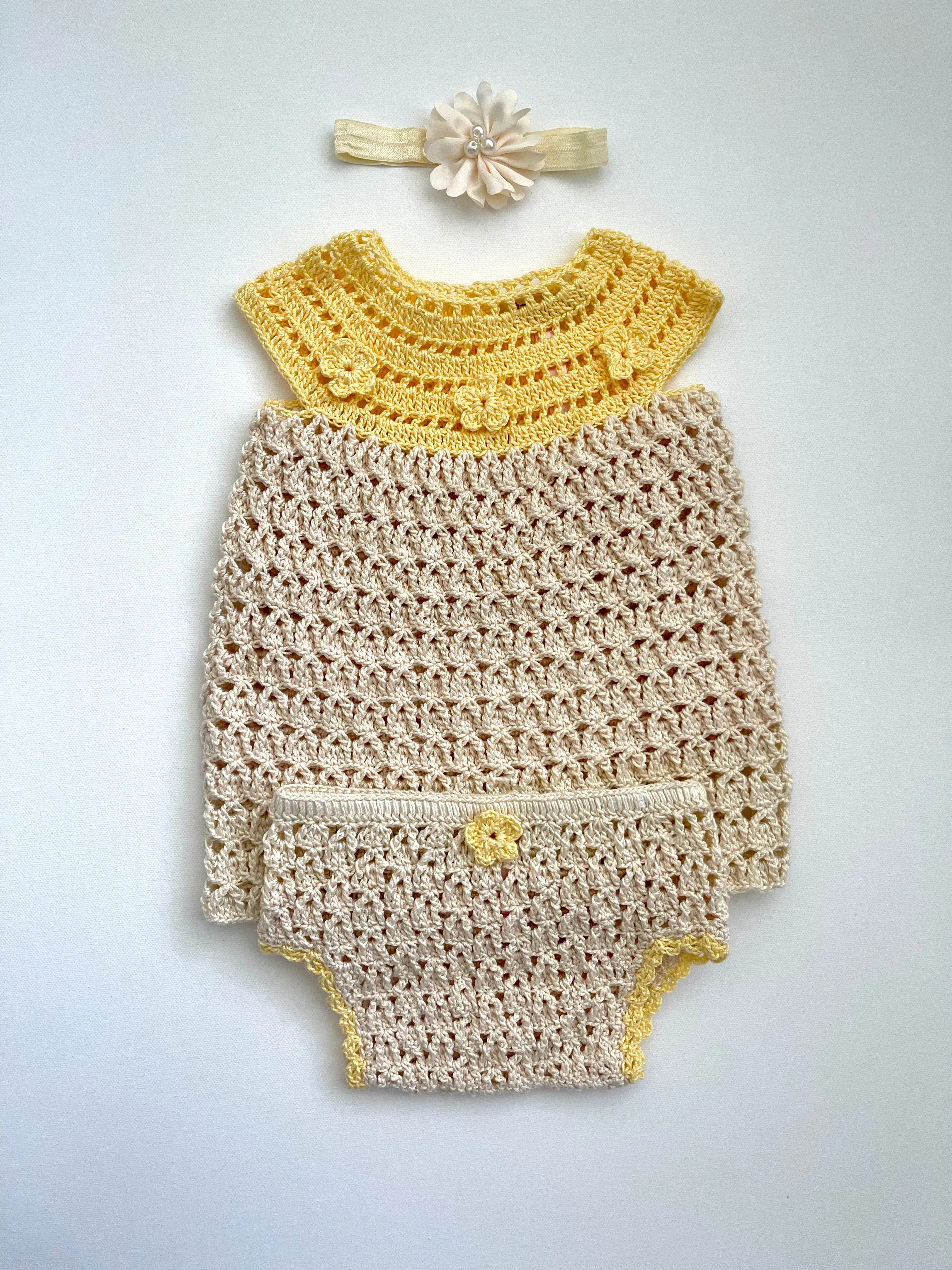 Beige & Yellow Crochet Girl Dress outfit Set