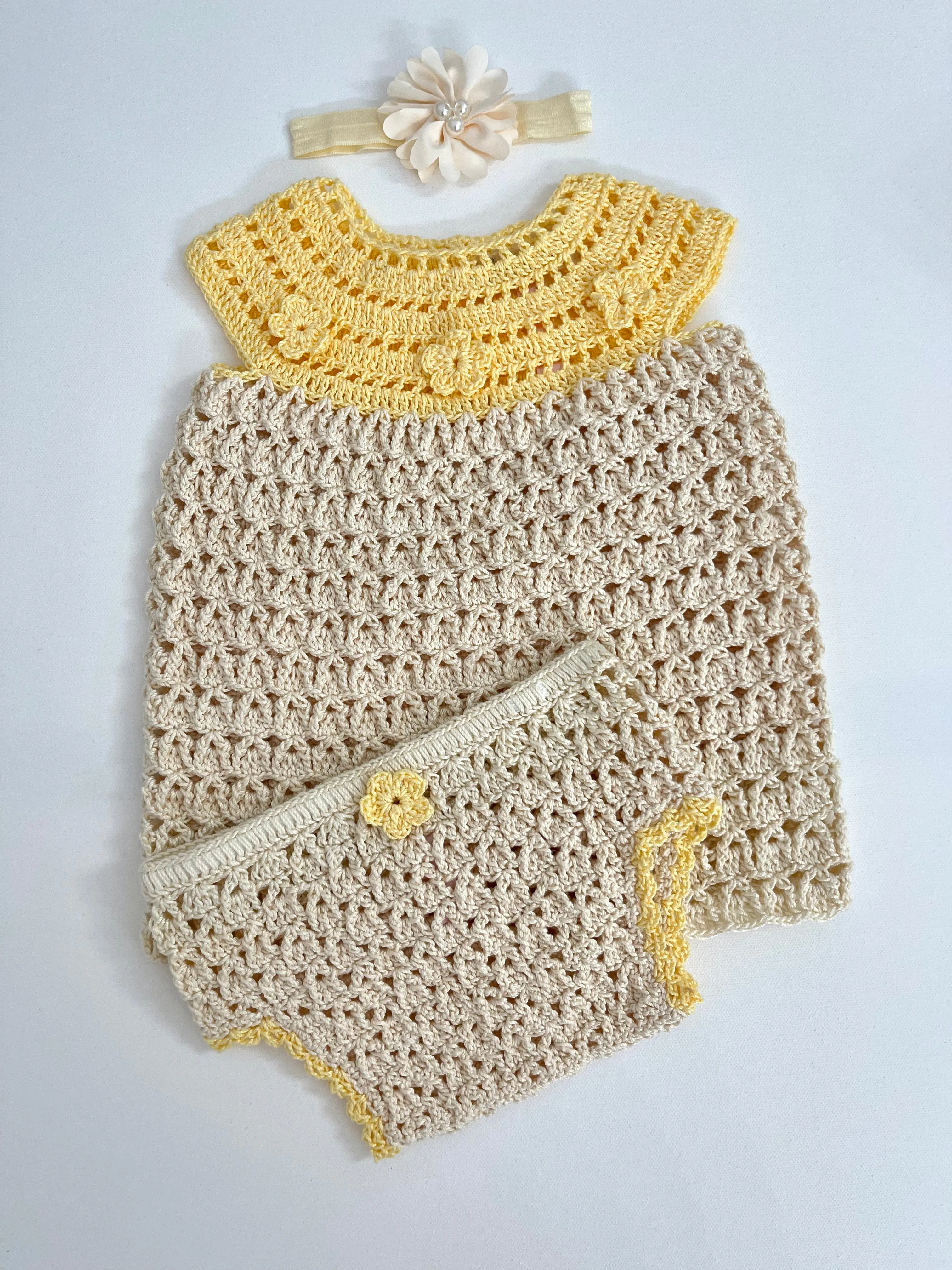 Beige & Yellow Crochet Girl Dress outfit Set