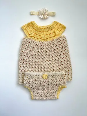 Beige & Yellow Crochet Girl Dress outfit Set