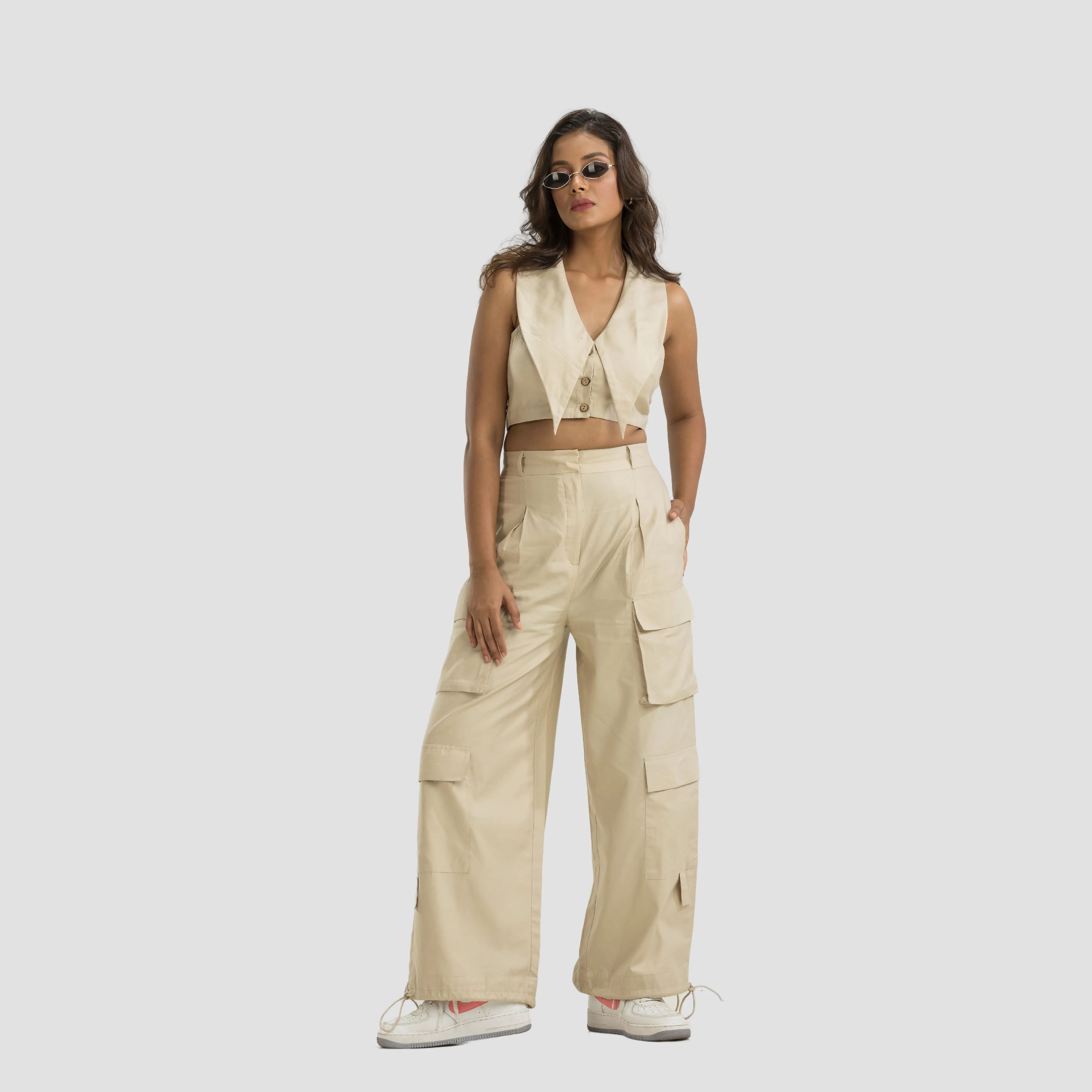 Beige Elongated Collar Halter Neck Top