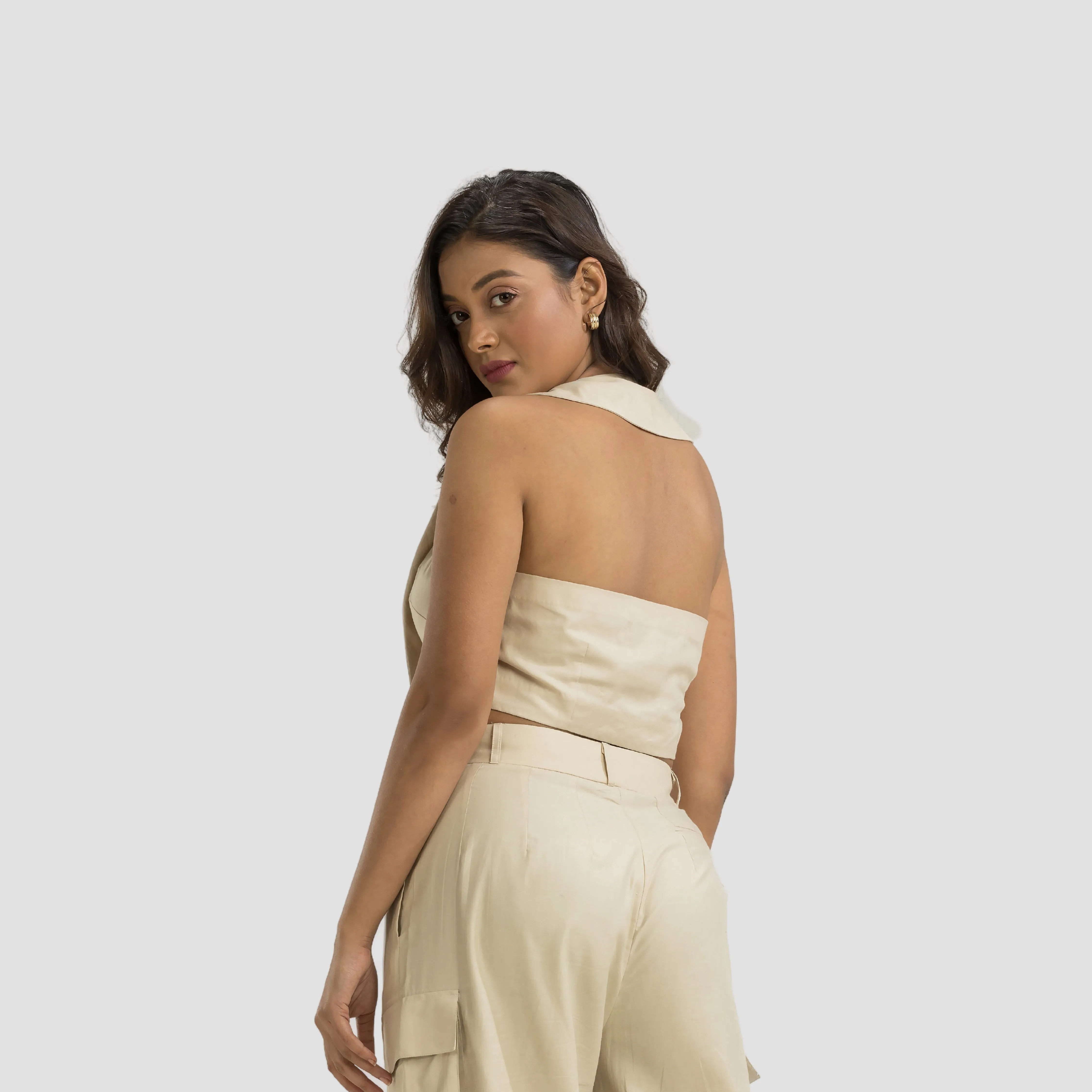 Beige Elongated Collar Halter Neck Top