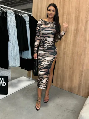 Beige Ruched Side Slit Dress