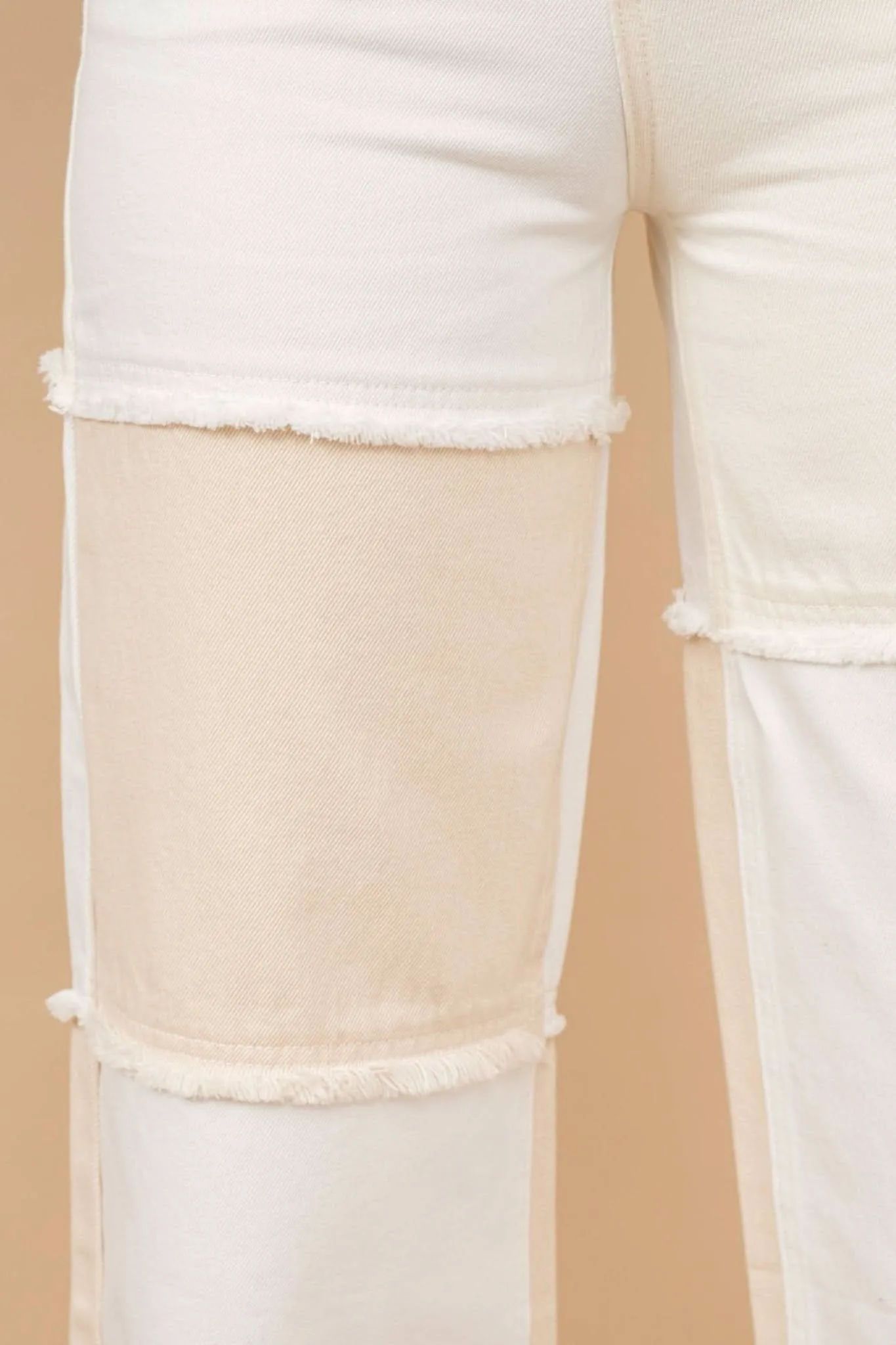Beige White High Waisted Color Block Distressed Frill Twill Pants