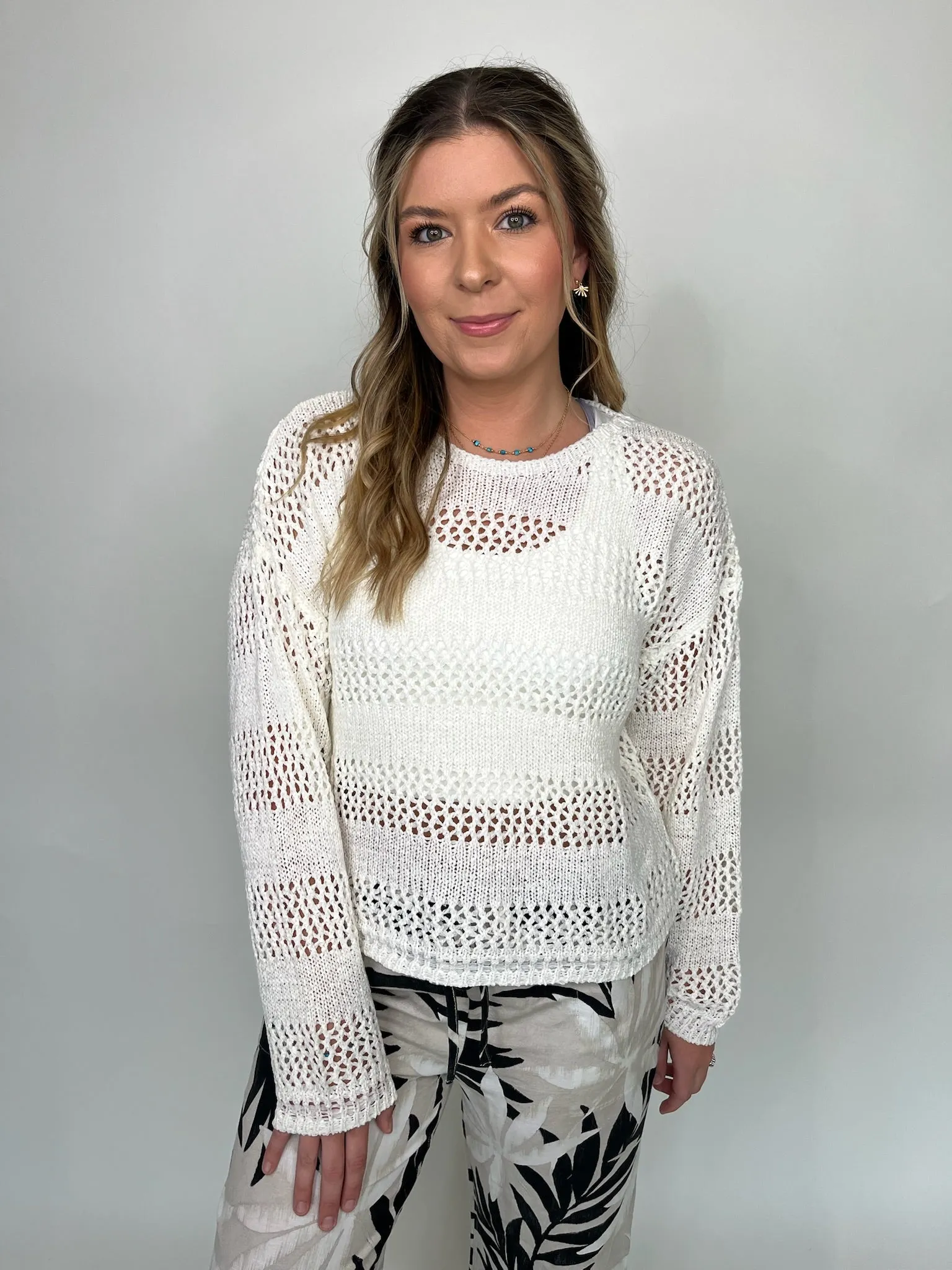 Bella Dahl Open Knit Stripe Crew Sweater