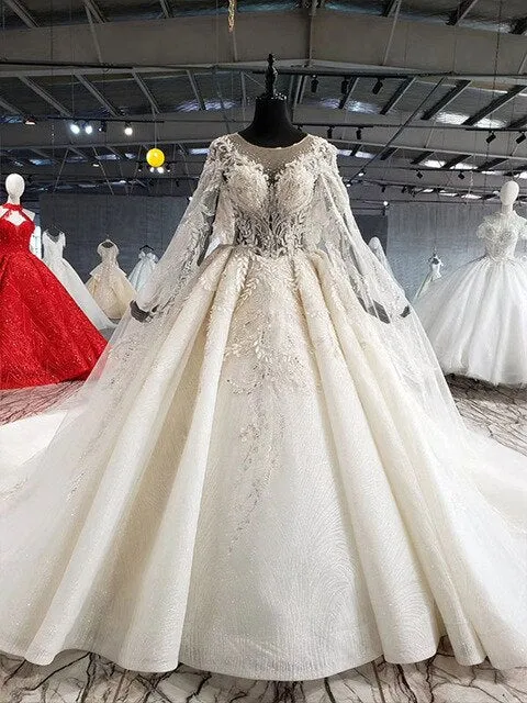 BGW HT41316 Vintage Wedding Dress With Cape Illusion O-neck Sleeve Shawl Lace Up Back Bride Wedding Gowns Luxury Robe Mariee